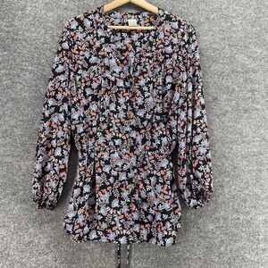 5/$45 Terra & Sky Top Women 0X Plus Black Floral Button Up V-Neck Long Sleeve